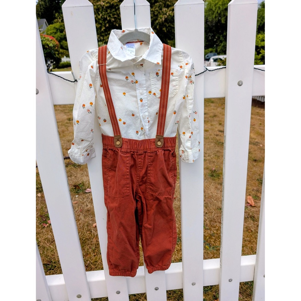 Carters 24M White Rustic Fall Apple Print Suspender Pant Set